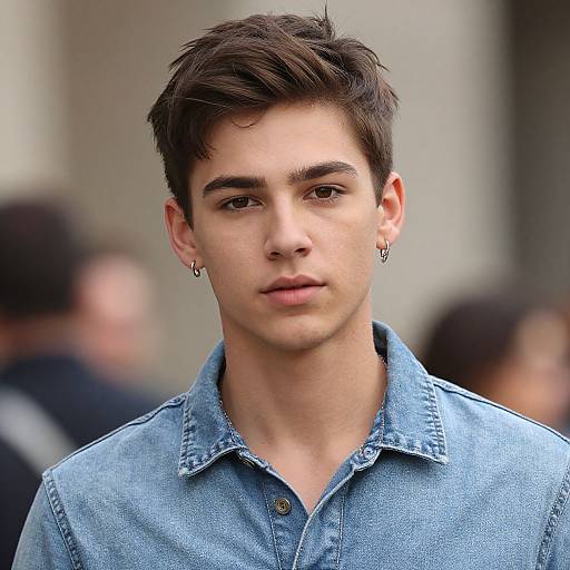Photograph of a young man with short, dark brown hair, wearing a light blue denim shirt and small hoop earrings, standing outdoors with a blurred background