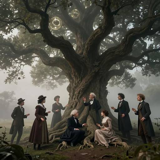 Photorealistic digital painting of Victorian-era family gathering under a massive, mystical tree with glowing orbs, surrounded by misty forest.