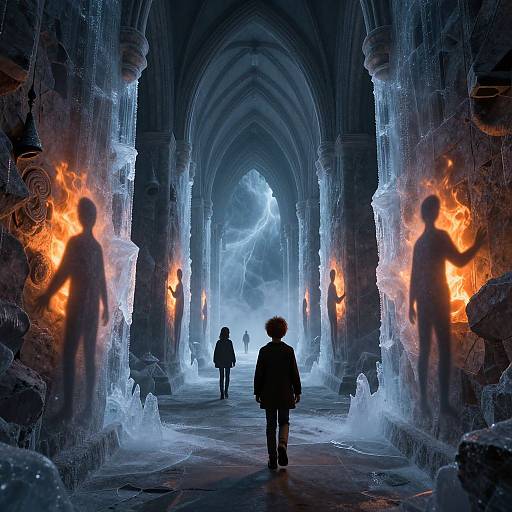Photograph of a dark, gothic cathedral corridor with icy blue lighting, glowing orange torches, and silhouetted figures, including a child
