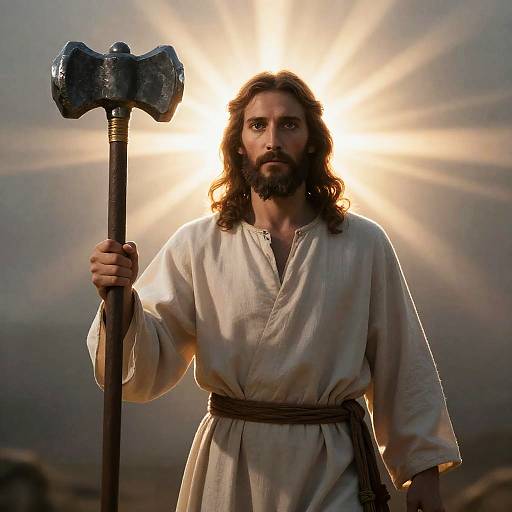 Photograph of a bearded, long-haired Jesus with a white tunic and brown belt, holding a large stone hammer, sun rays behind him,