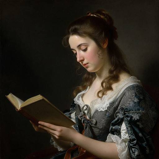 Photograph of a young woman with fair skin and brown hair, wearing a dark blue, lace-trimmed dress, intently reading a book against