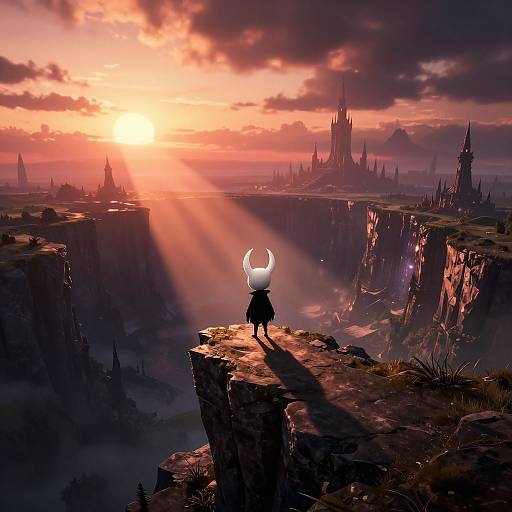 Hollow Knight Hero on Cliff at Sunset