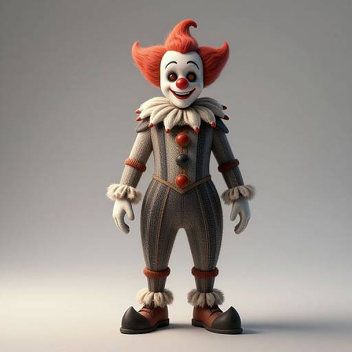 3D-rendered cartoon clown with red hair, white face, red nose, black checkered suit, red buttons, white fur trim, and black