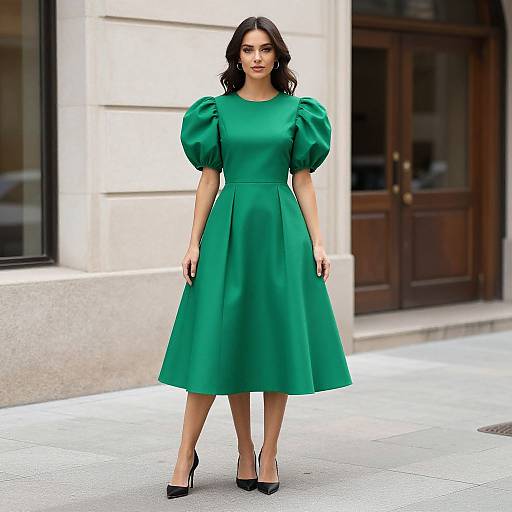 Photograph of a dark-haired woman in a vibrant green, puffed-sleeve, knee-length dress and black heels, standing on a city street