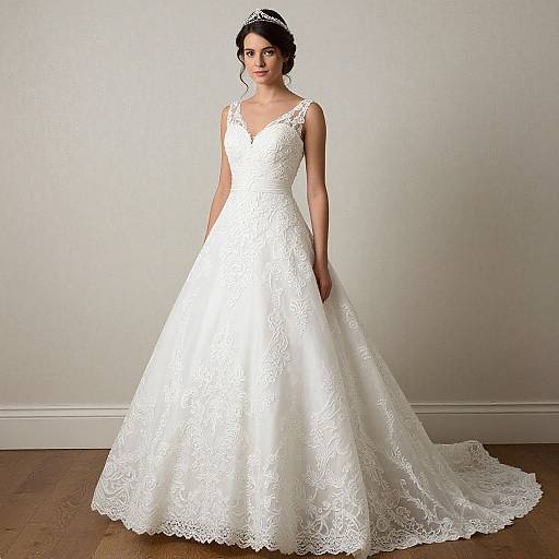Photograph of a fair-skinned woman with dark hair in an updo, wearing a white lace, sleeveless wedding dress with a V-neck and