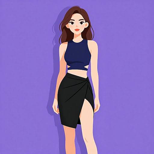 Digital drawing of a young woman with long brown hair, wearing a black crop top and black skirt with a high slit, against a solid purple background.