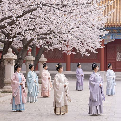 Photograph of six Japanese women in traditional kimonos standing in a cherry blossom-lined courtyard, with a red temple in the background.