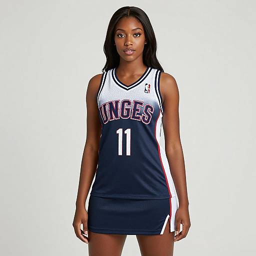 Photograph of a Black woman with straight black hair, wearing a white and navy blue WNBA jersey with 