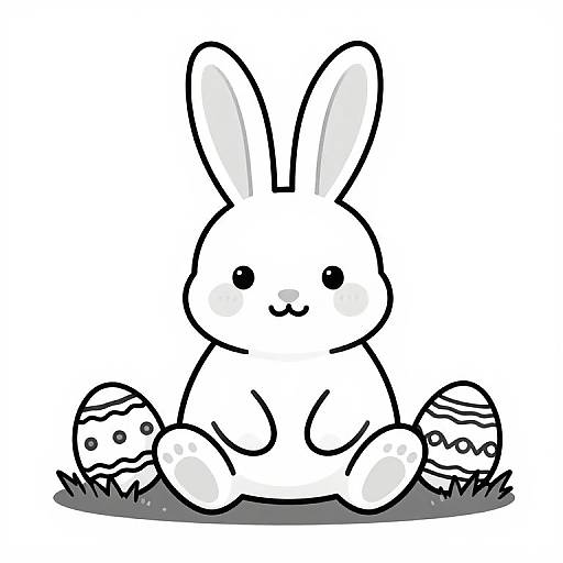 Black and white digital drawing of a cute, sitting, cartoon bunny with large ears, blushing cheeks, and two decorated Easter eggs on grass.