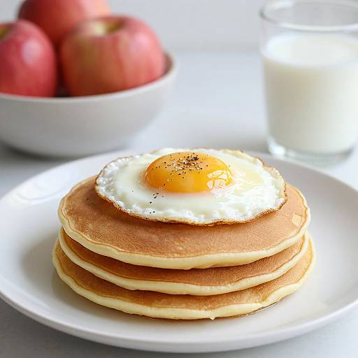 Photograph of three golden pancakes with sunny-side-up egg and pepper on a white plate, beside a glass of milk and bowl of red apples.