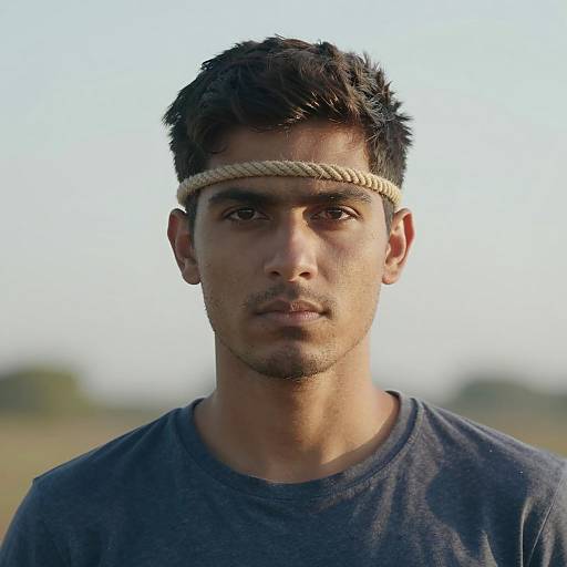 Man with Rope Headband and Serious Expression