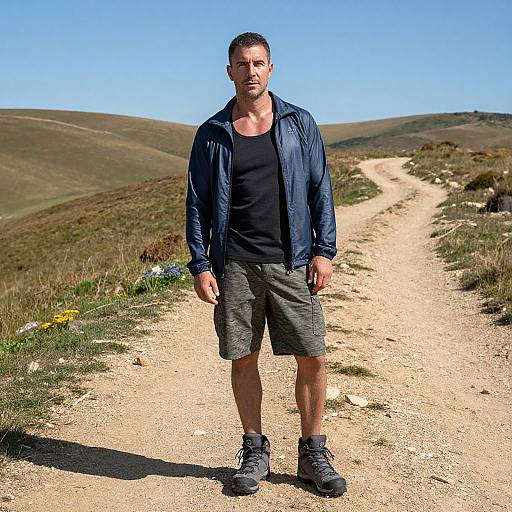 Photograph of a muscular man with short dark hair, wearing a blue jacket, black t-shirt, gray shorts, and black hiking boots, standing on