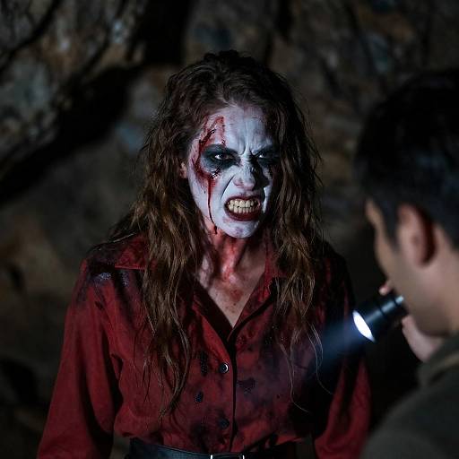 Terrifying Woman with White Face Paint in Dark Cave
