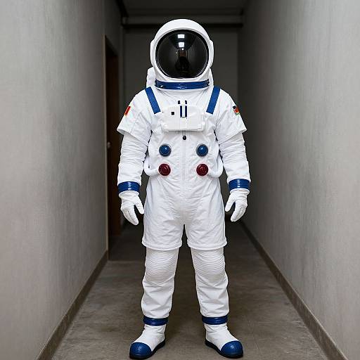 Photograph of a child in a white astronaut suit with blue accents, standing in a narrow, dimly lit hallway.
