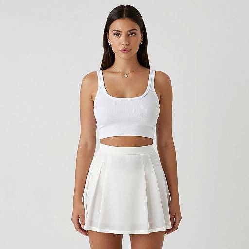Photograph of a young woman with long black hair, wearing a white crop top and white skirt, standing against a plain white background.