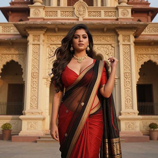 Photograph of a confident Indian woman with long black hair, wearing a red and black saree with gold trim, standing in front of an ornate