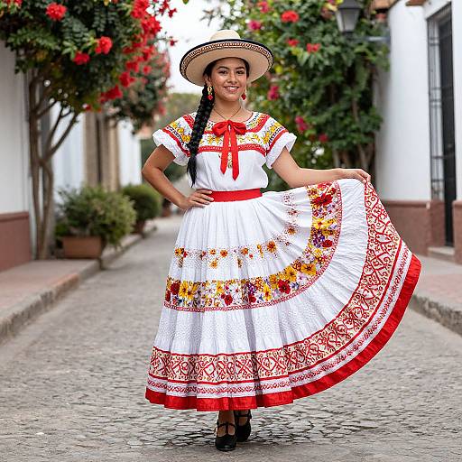 Photograph of a smiling Latina woman in a traditional Mexican dress with red and white floral embroidery, long braid, wide-brimmed hat, standing