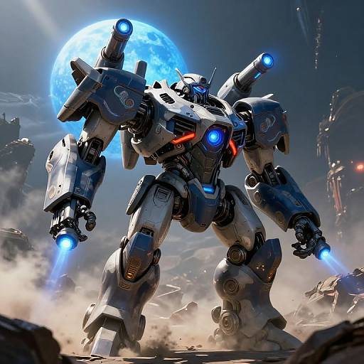 Digital art of a towering, blue and silver robot with glowing blue eyes and weapons, standing amidst rubble under a bright full moon. Sci-fi, futuristic