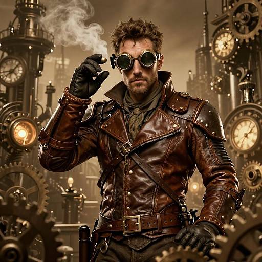 Steampunk Hero Amid Clockwork City