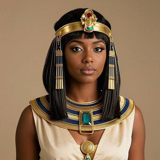 Photograph of a Black woman in an ancient Egyptian-inspired outfit, with gold headpiece, blue and gold necklace, and white sleeveless top, against