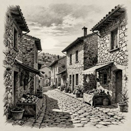 Black-and-white digital drawing of a quaint, cobblestone street lined with rustic stone houses, potted plants, and market stalls under a cloudy sky