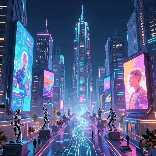Neon-lit futuristic cityscape at night, featuring towering skyscrapers with vibrant digital billboards, glowing streetlights, and statues of musicians along