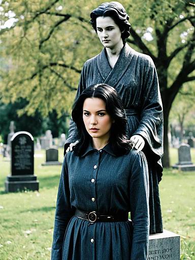 Woman in Dark Dress Standing by Statue in Cemetery