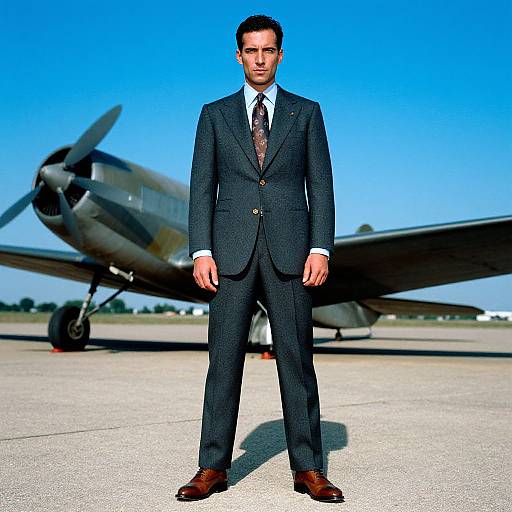 Photograph of a handsome, dark-haired man in a dark gray suit, white shirt, and patterned tie, standing in front of a vintage prop
