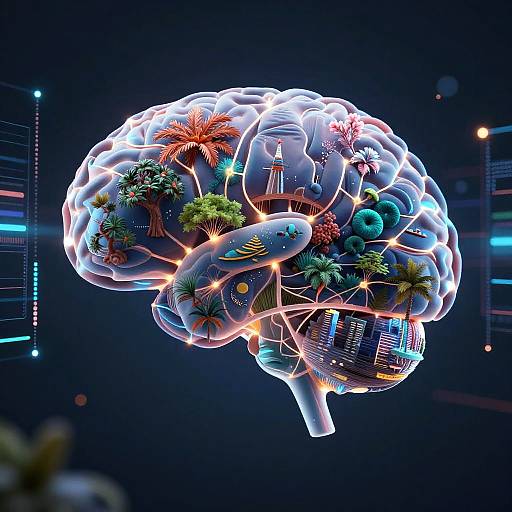 Digital illustration of a glowing, neon-lit human brain filled with colorful, futuristic cities, palm trees, and vibrant lights against a dark, cybernet