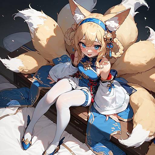 Anime Fox Girl Sitting with Multiple Tails