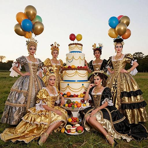 Photograph of six women in elaborate, gold and black baroque-style dresses with crowns, posing with a multi-colored balloon cake and fruit, on