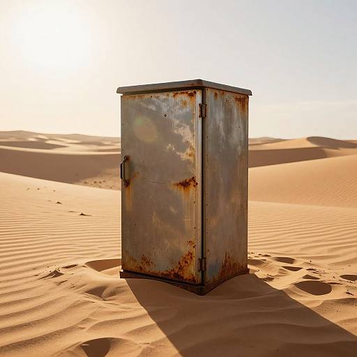 Rusty, metal utility box standing alone in a sunlit, golden desert with rippled sand dunes and a clear blue sky.