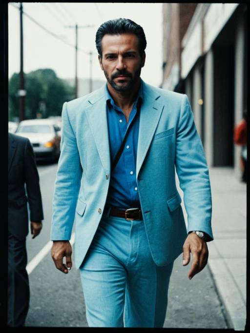 Man in Light Blue Suit Walking on Street