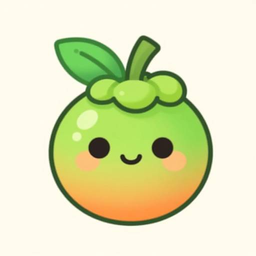 Cute digital drawing of a green and orange kawaii fruit with a small stem, green leaf, black eyes, and a smiling mouth, on a