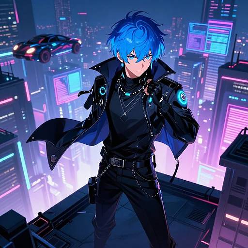 Digital anime-style drawing of a blue-haired, blue-eyed male character in a black jacket and pants, standing on a neon-lit city rooftop with flying