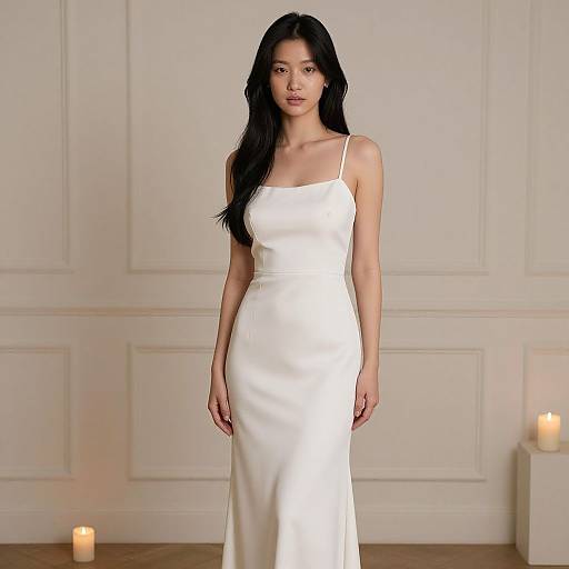 Photograph of an Asian woman with long black hair, wearing a sleek, white, strapless satin dress, standing in an elegant, softly lit room