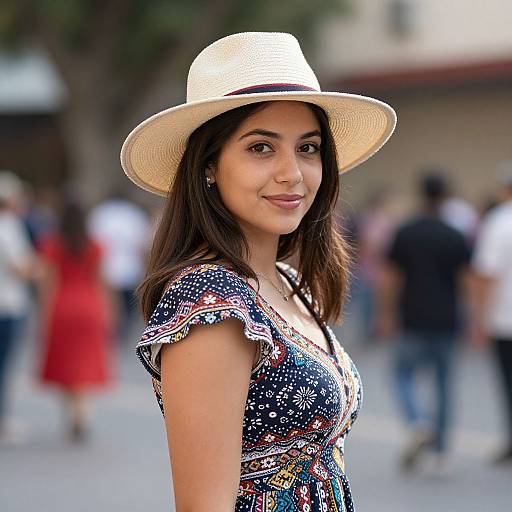 Photograph of a young woman with medium brown skin, dark brown hair, wearing a white straw hat and a colorful patterned dress, smiling in a