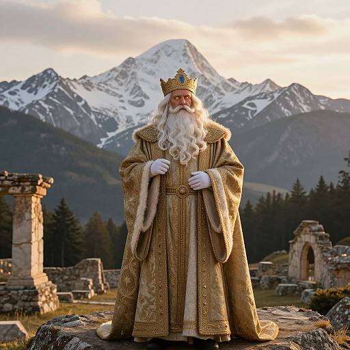 Photograph of an elderly king with a long white beard, wearing a golden crown and ornate robe, standing in front of snow-capped mountains and