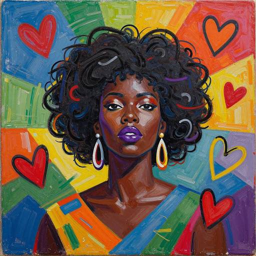 Vibrant digital painting of a dark-skinned woman with curly black hair, purple lipstick, gold earrings, and colorful heart-filled background.