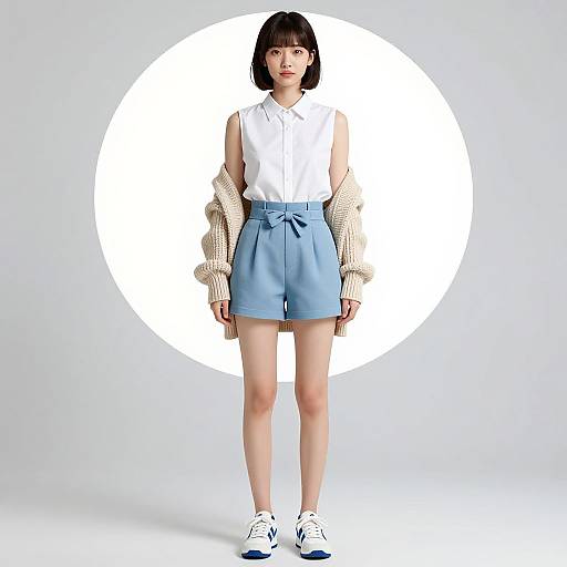 Photograph of an Asian woman with short black hair, wearing a white sleeveless top, light blue high-waisted shorts, beige knitted card