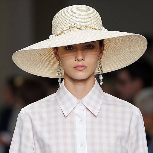 Photograph of a young woman with fair skin, wearing a large white straw hat, white button-up shirt, and dangling silver earrings, against a blurred