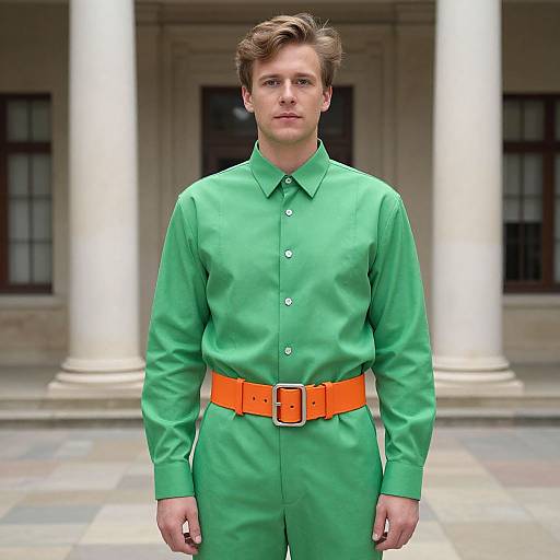 Photograph of a young man with light brown hair, wearing a bright green long-sleeve shirt and a vivid orange belt, standing in front of