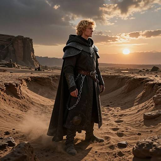 Photograph of a blonde, armored warrior with chainmail, standing in a desert canyon at sunset, with rocky cliffs in the background.