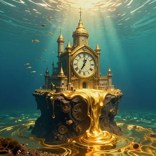 Digital art: A golden clock tower with intricate architecture and flowing gold liquid, surrounded by fish, underwater, with sunlight beams.