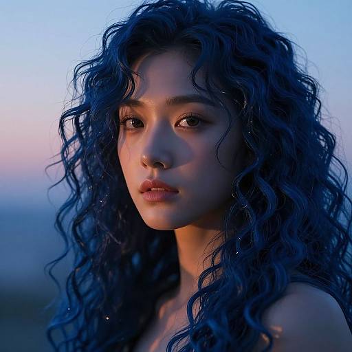 Photograph of a young woman with long, wavy, dark blue hair, gazing intently at the camera, set against a gradient blue to