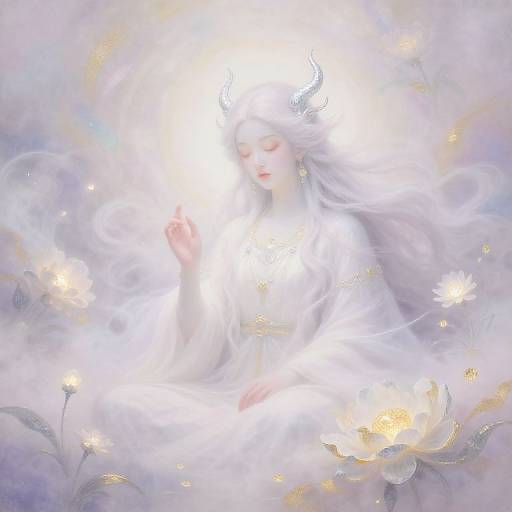 Digital painting of a ethereal, white-haired, angelic woman with glowing eyes, surrounded by floating flowers and soft, luminous light.