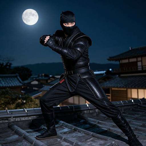 Photograph of a masked ninja in black, textured suit, standing on a rooftop under a full moon, with traditional Japanese houses in the background.
