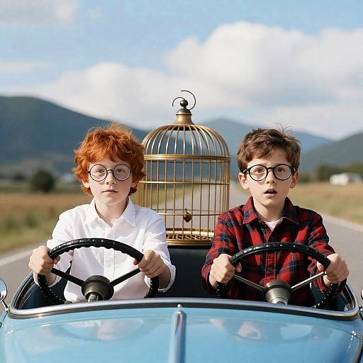 Two boys driving vintage car with birdcage