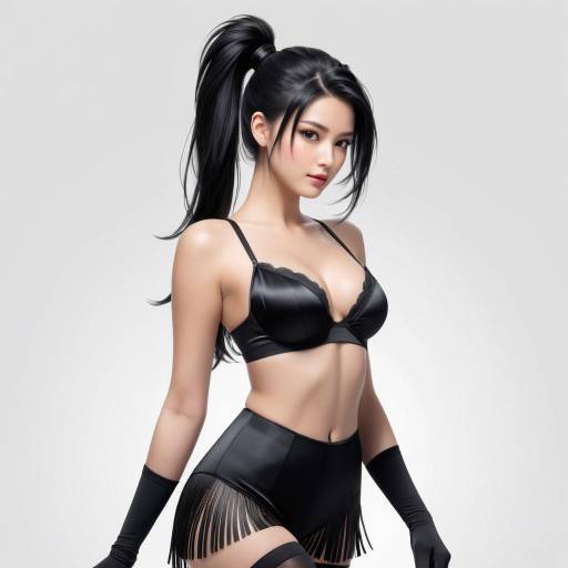 Digital anime-style drawing of a cute, black-haired girl with blue eyes, wearing black lingerie and thigh-high stockings, squatting confidently.
