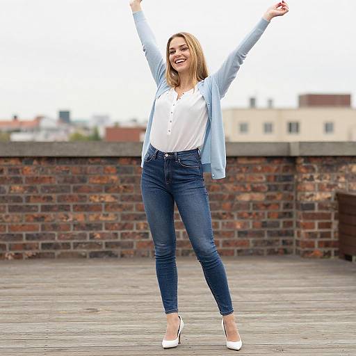 Joyful Young Woman on Wooden Deck